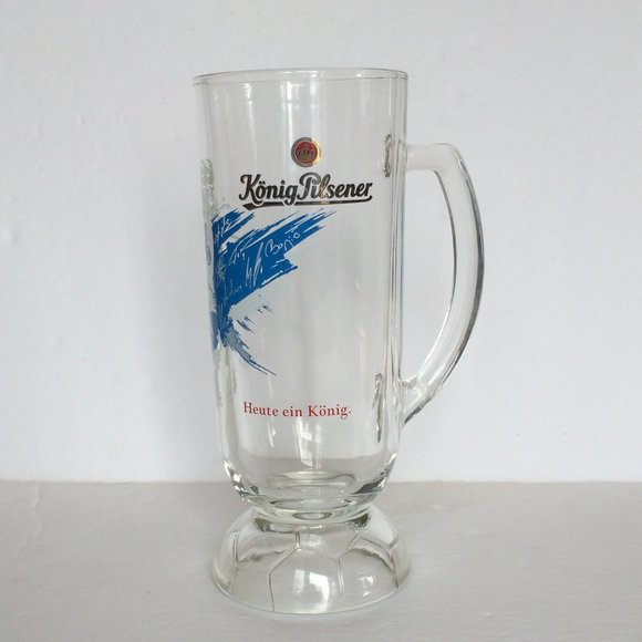 Konig Pilsener German Football Soccer Clear Beer Stein Glass Handled Signatures - Picture 1 of 9
